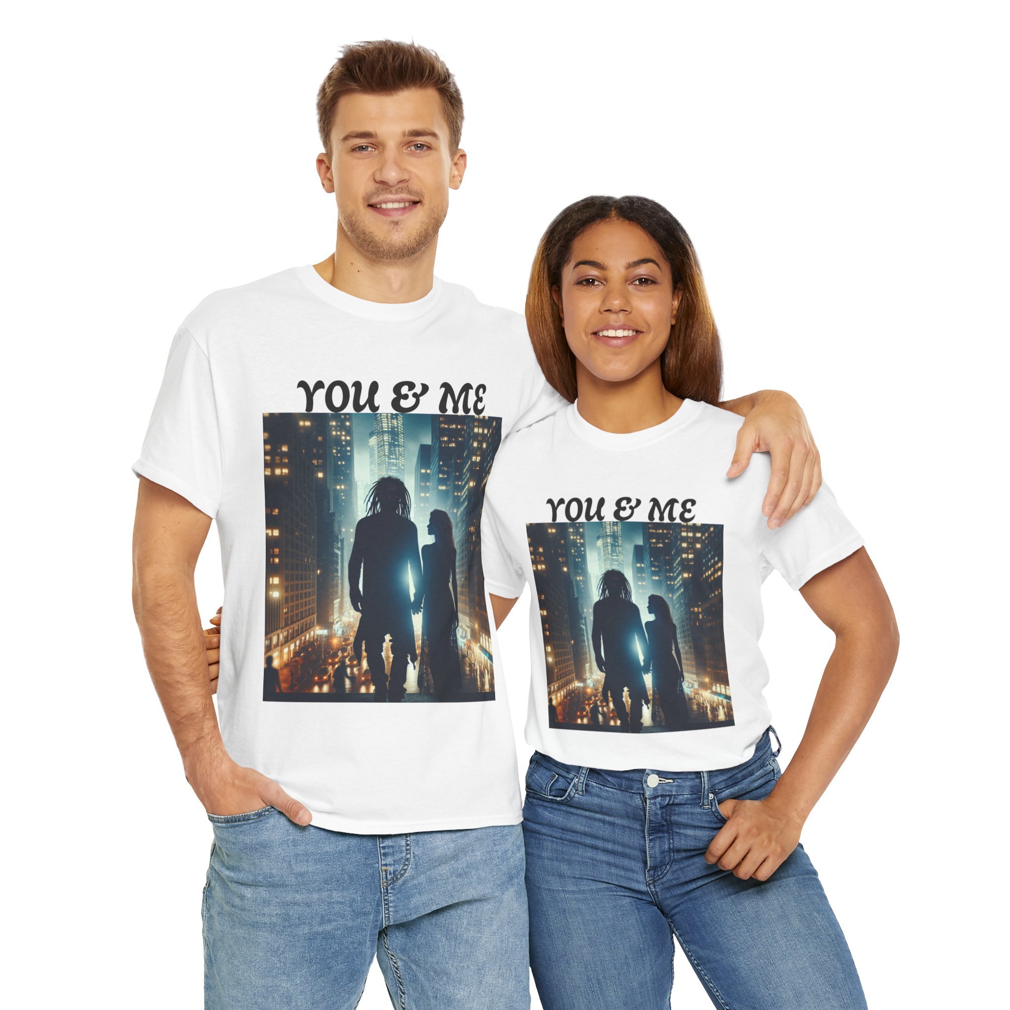 You & Me Unisex Heavy Cotton Tee - Romantic Cityscape T-Shirt for Couples